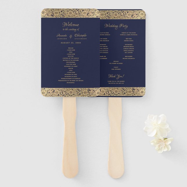 Leque Casamento Elegante de Rosas Selvagens Azuis, Marin (Frente e Verso)