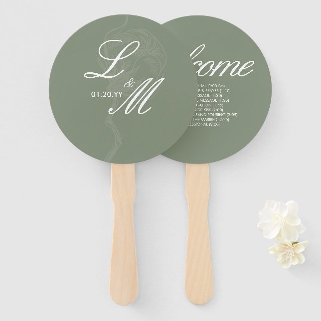 Leque Casamento Flor de Algodão com Letra Elegante Monog (Frente e Verso)