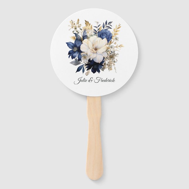 Leque Casamento Floral Azul Marinho, Branco e Dourado (Frente)