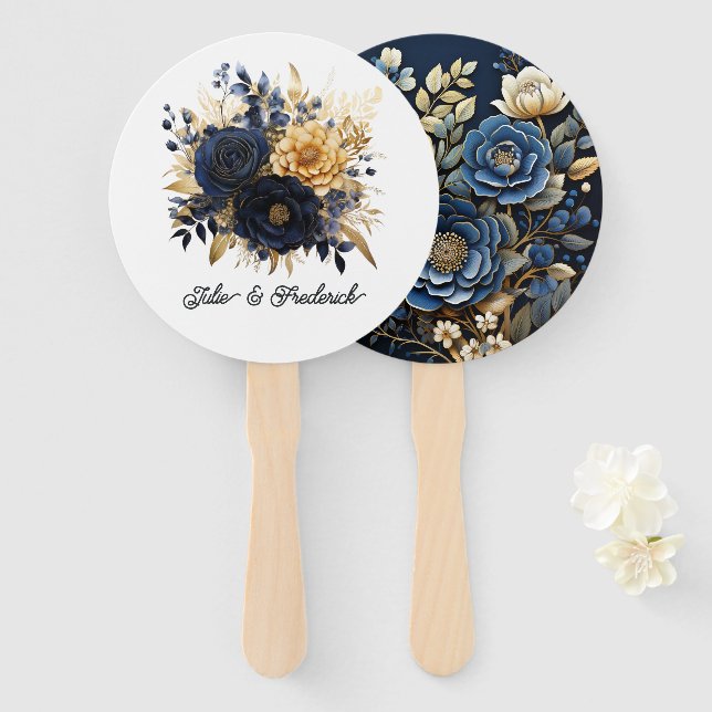 Leque Casamento Floral Azul Marinho e Dourado (Frente e Verso)