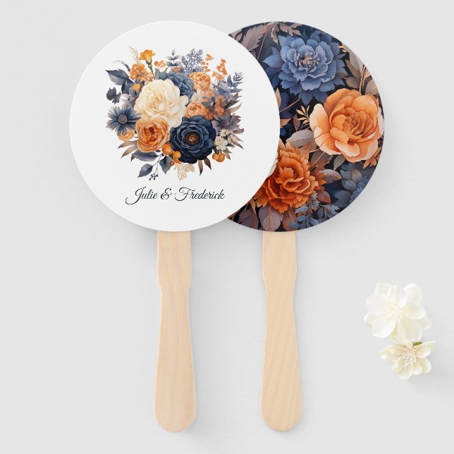 Leque Casamento Floral Azul Marinho, Laranja Queimada e  (Frente e Verso)