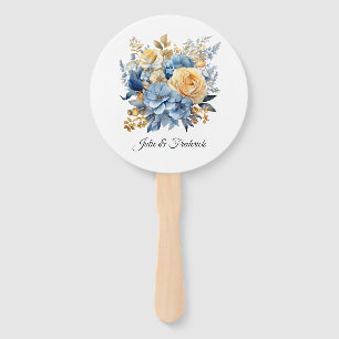Leque Casamento Floral Azul Poeira e Dourado