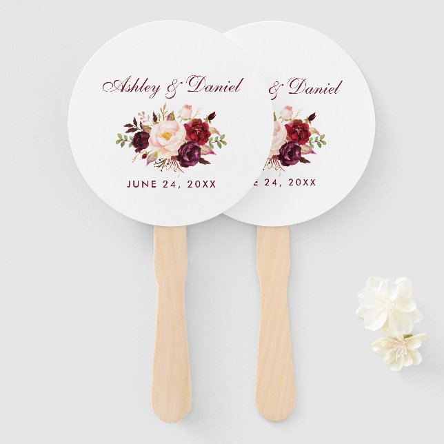 Leque Casamento Floral B da Watercolor Burgundy (Frente e Verso)