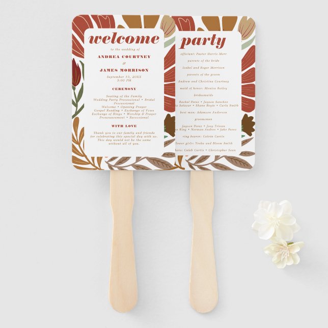 Leque Casamento Floral Bright Boho Terracotta (Frente e Verso)