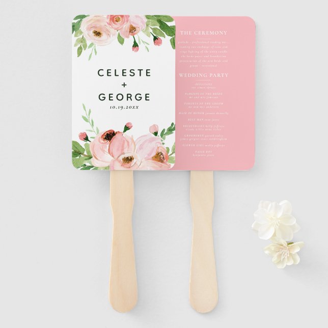 Leque Casamento floral cor-de-rosa (Frente e Verso)