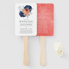 Leque Casamento Floral de Coral, Marinho e Prata