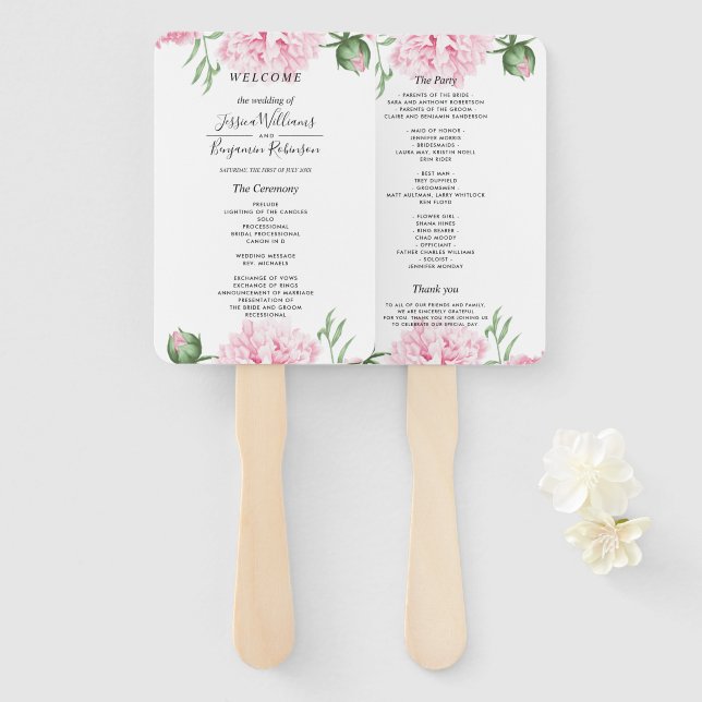 Leque Casamento Floral de Peony Rosa-Pinta-Watercolor (Frente e Verso)