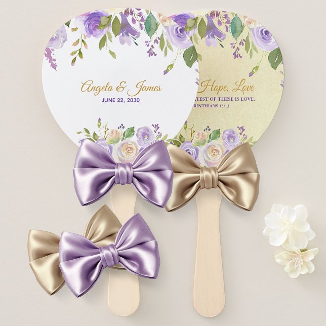 Leque Casamento Floral de Púrpura Elegante e Dourada Wat (Elegant Purple and Gold Watercolor Floral Wedding Hand Fan)