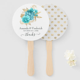 Leque Casamento Floral em Azul Água e Dourado