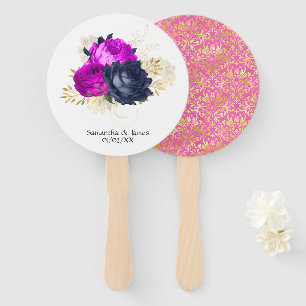 Leque Casamento Floral Magenta Naval e Dourado