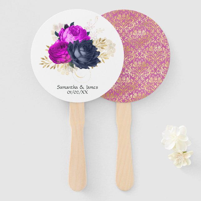 Leque Casamento Floral Magenta Naval e Dourado (Frente e Verso)