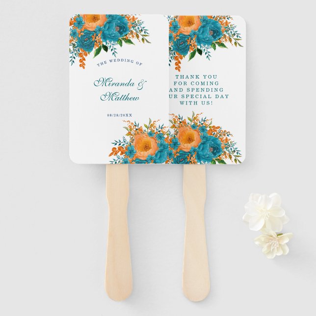 Leque Casamento Floral Pintado com Teal e Laranja Obriga (Frente e Verso)