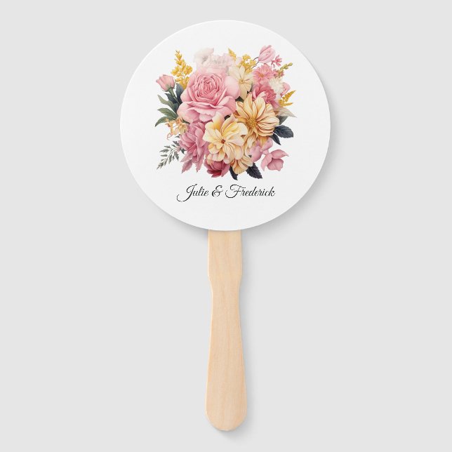 Leque Casamento Floral Rosa e Dourado (Frente)