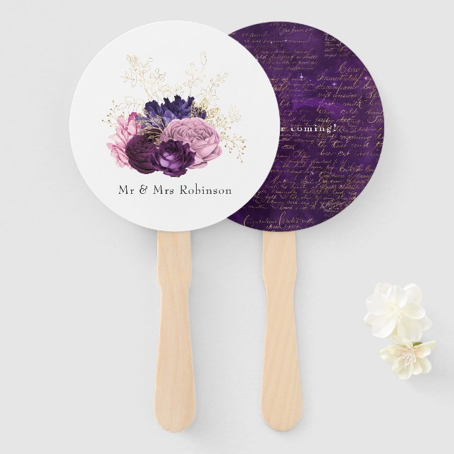 Leque Casamento Floral Rosa e Roxo (Frente e Verso)
