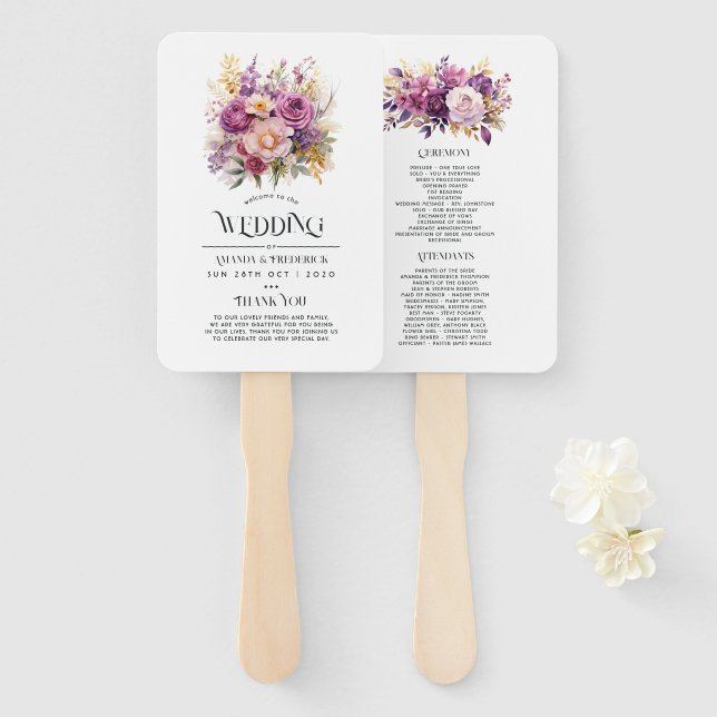 Leque Casamento Floral Roxo e Dourado (Frente e Verso)