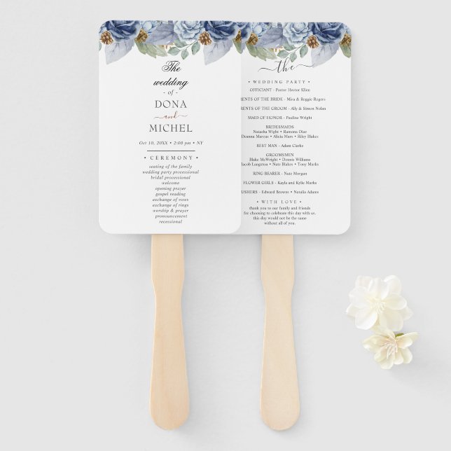 Leque Casamento Floral Rustic Blue Winter (Frente e Verso)