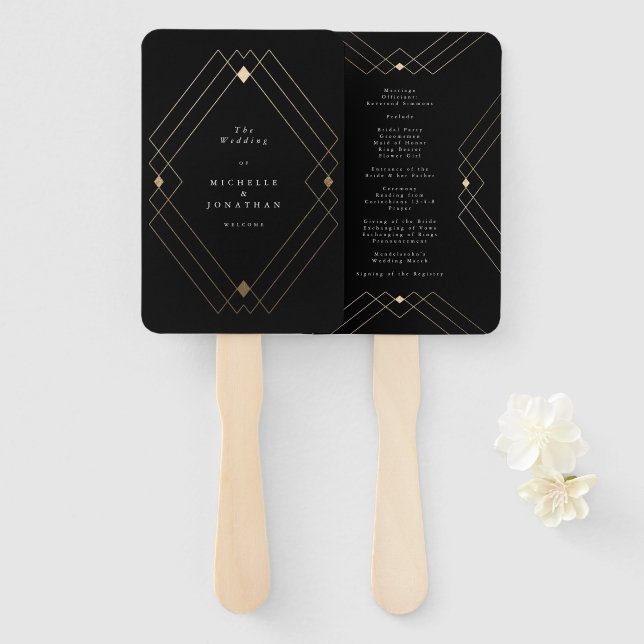 Leque Casamento Geométrico Deco Gatsby Dourado Negro Dia (Frente e Verso)