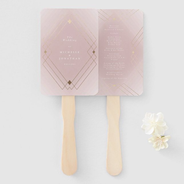Leque Casamento Geométrico Deco Gatsby Dourado Rosa-Rosa (Frente e Verso)