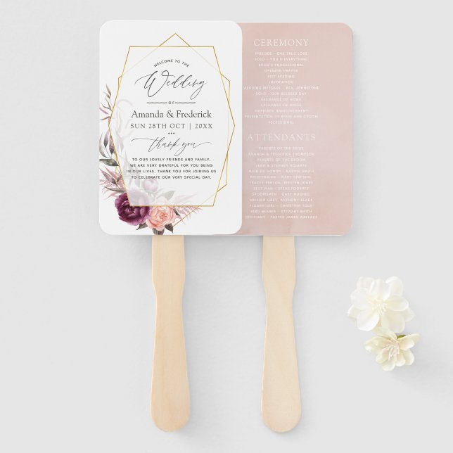 Leque Casamento Geométrico Floral Rosa e Ameixa Borgonha (Frente e Verso)