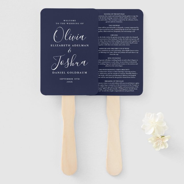 Leque Casamento Judaico com Letra de Assinatura Azul-Mar (Frente e Verso)