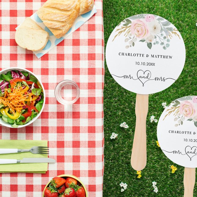 Leque Casamento mr mrs coração script blush floral white (Criador carregado)