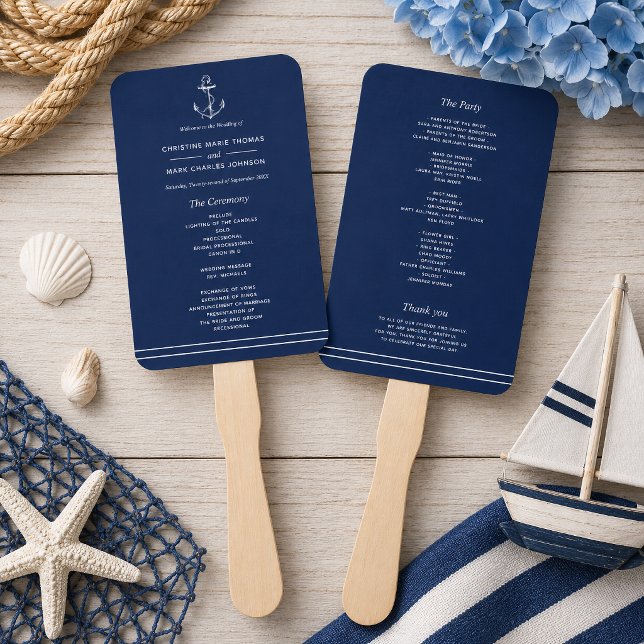 Leque Casamento Naval Azul Branco Âncora à Beira-Mar (A nautical themed program fan perfect for beach weddings and weddings by the sea! )