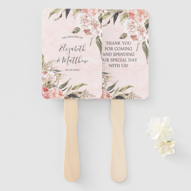 Leque Casamento Neutral Boho Pink Pampas Obrigado (Frente e Verso)