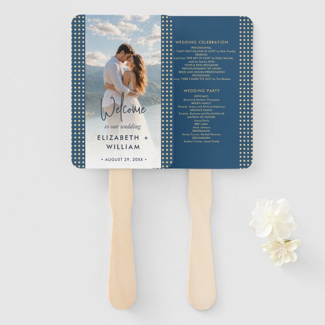 Leque Casamento personalizado com bolinhas douradas e az (Frente e Verso)