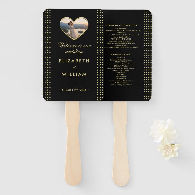 Leque Casamento personalizado com bolinhas douradas e pr (Frente e Verso)