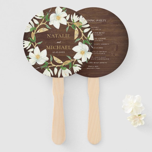 Leque Casamento Personalizado Rustic Wood Magnolia (Frente e Verso)