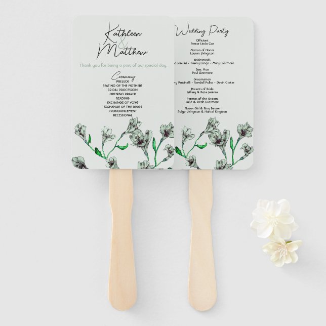 Leque Casamento por Aquarela Floral Verde Sage (Frente e Verso)