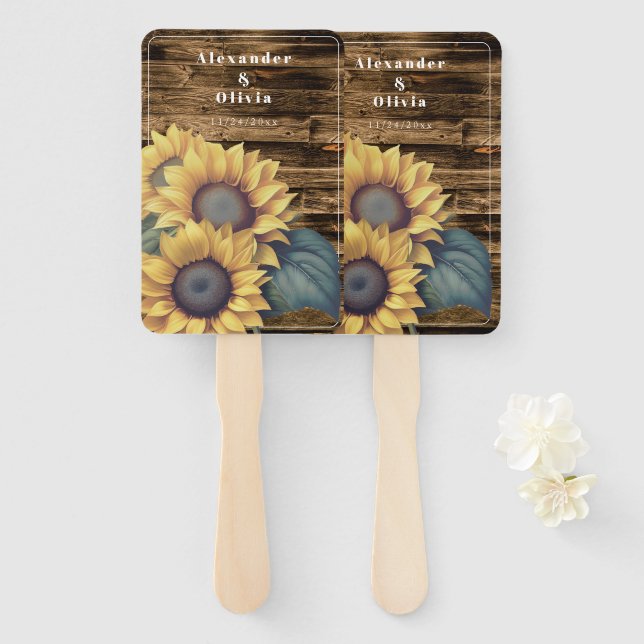 Leque Casamento Rustic Sunflower (Frente e Verso)