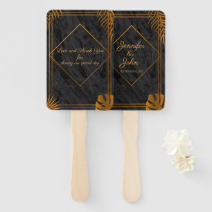 Leque Casamento Tropical com Folhas Douradas e Frame Geo