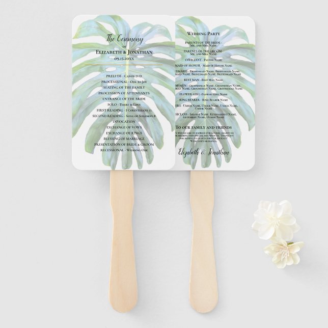 Leque Casamento Tropical Monstera Leaf Greenery Beach (Frente e Verso)