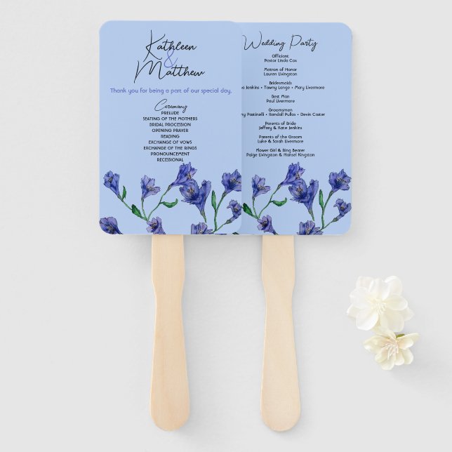 Leque Casamento Violet Blue Floral Watercolor (Frente e Verso)