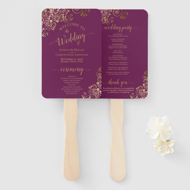 Leque Cassis Purple e Dourado Lace Elegant Wedment Progr (Frente e Verso)