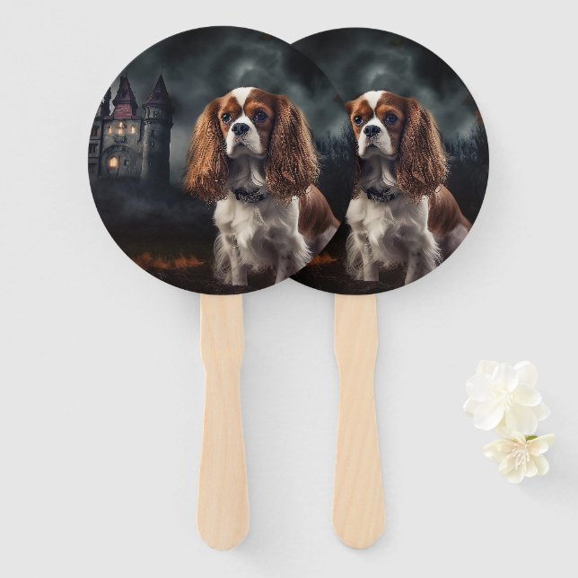 Leque Cavalier King Charles Spaniel Halloween Scary (Frente e Verso)