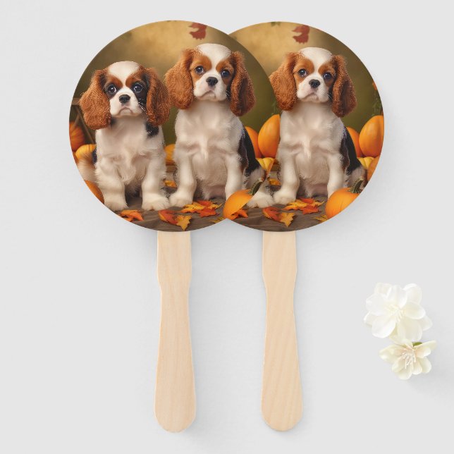 Leque Cavalier King Charles Spaniel Puppy Autumn Pumpkin (Frente e Verso)