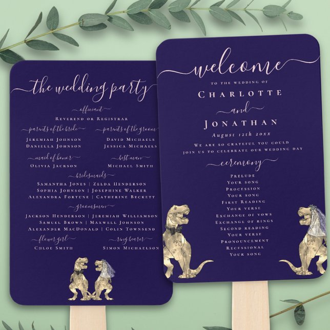 Leque Cerimônia de Casamento de Dinossauro Azul Marinho  (T-Rex bride and groom dinosaur navy blue blush pink wedding ceremony program fans elegant script)
