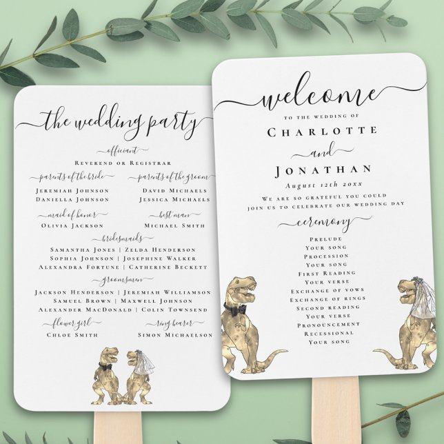Leque Cerimônia de Casamento de Dinossauro Programa Pret (T-Rex bride and groom funny dinosaur wedding ceremony program fan Elegant modern script )