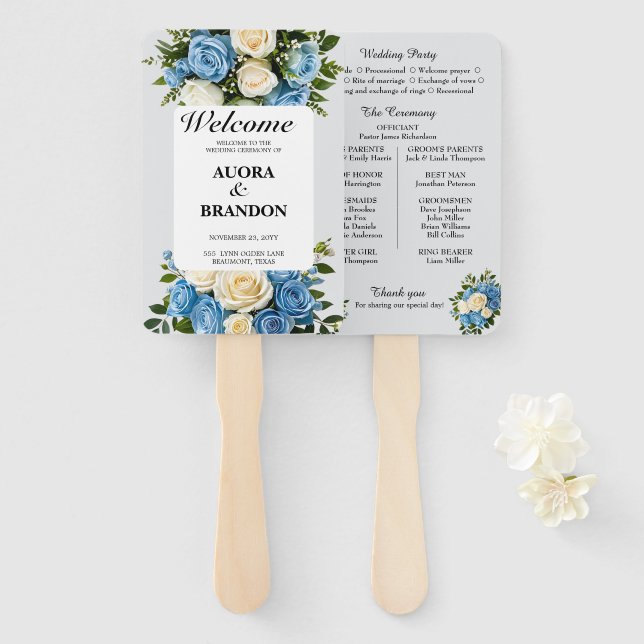 Leque Cerimônia de Casamento de Rosa Azul e Branca (Frente e Verso)