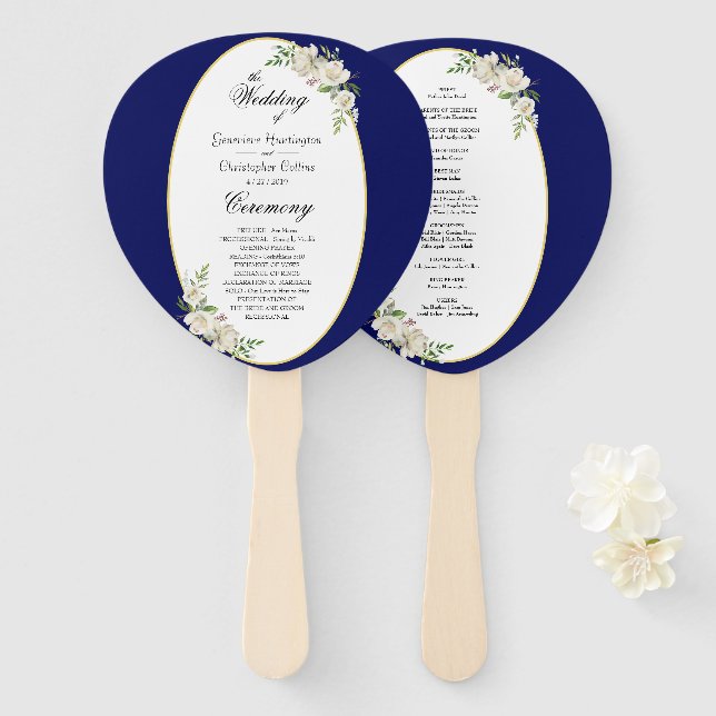 Leque Cerimônia de Casamento Floral Azul Boho Elegante (Frente e Verso)