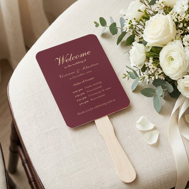 Leque Cerimônia de Casamento Minimalista em Script Doura (Burgundy Gold Script Minimalist Wedding Ceremony Hand Fan)