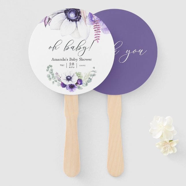 Leque Chá de Bebê Flor Violeta Empoeirada (Frente e Verso)