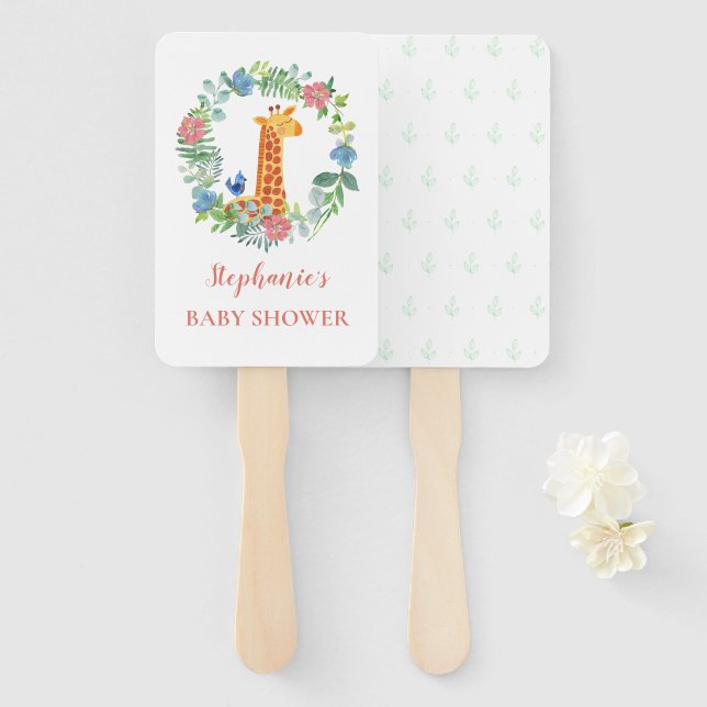Leque Chá de fraldas Giraffe Floral Wreath Personalizado (Frente e Verso)