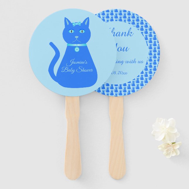 Leque Chá de fraldas Personalizado De Gato De Bebê Azul (Frente e Verso)