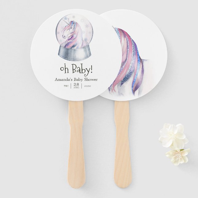 Leque Chá de fraldas Unicorn Glitter de Aquarela (Frente e Verso)