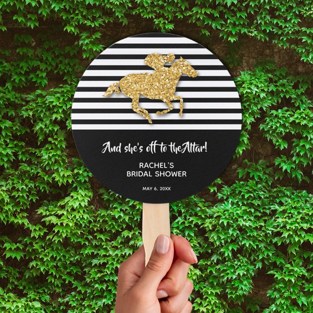 Leque Chá de panela Racecavalo Dourado Derby (Off to the Altar! Gold racehorse Derby-theme bridal shower hand fans)