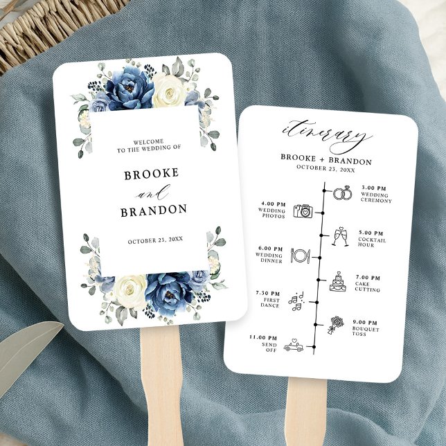 Leque Champanhe de Marinho Azul Dusty Timeline do Casame (Dusty Blue Navy Champagne Ivory wedding Timeline Hand Fan)