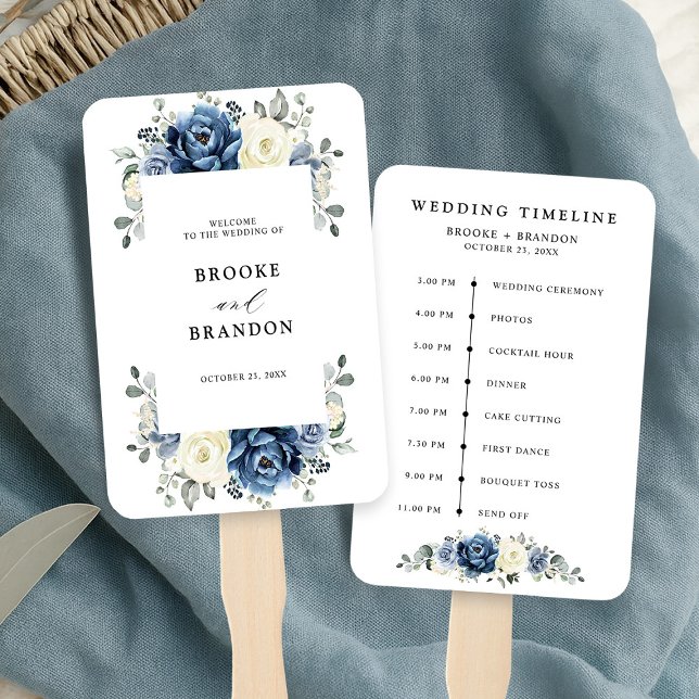 Leque Champanhe de Marinho Azul Dusty Timeline do Casame (Dusty Blue Navy Champagne Ivory wedding Timeline Hand Fan)